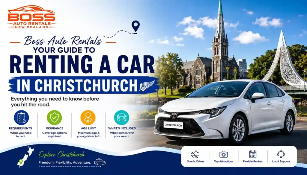 Boss Auto Rentals New Zealand banner showing a guide to renting a car in Christchurch, covering rental requirements, insurance, age limits, and what's included, with a white rental car and Christchurch landmarks in the background.