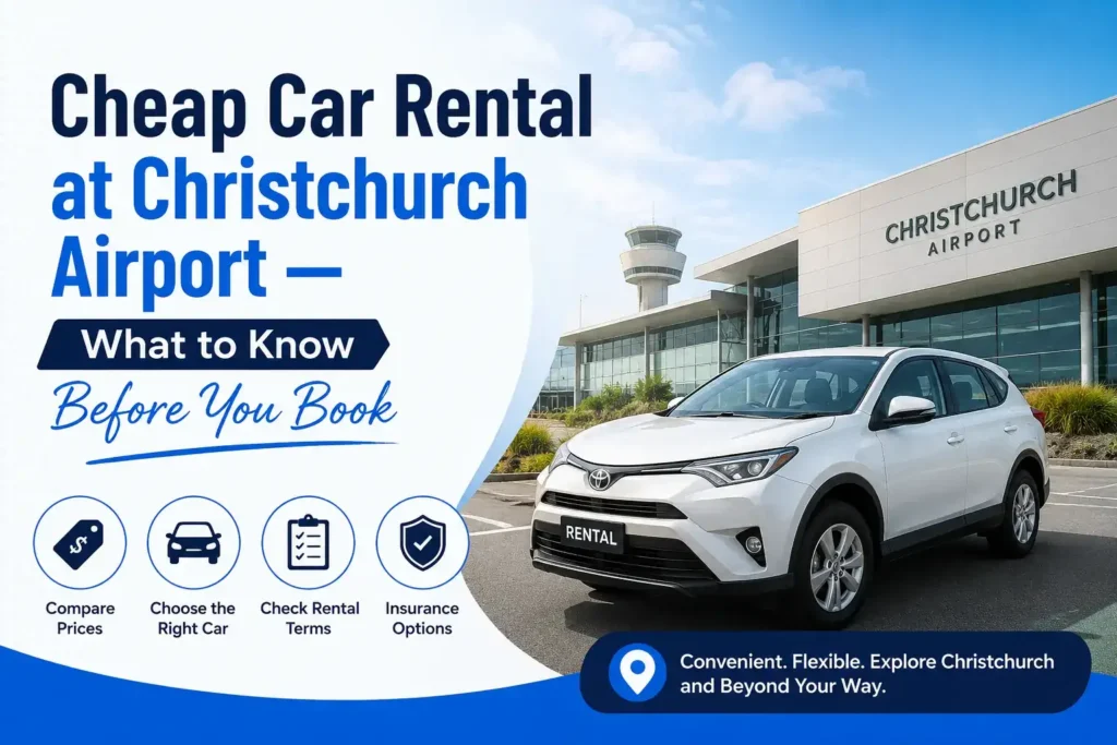 Cheap car rental at Christchurch Airport banner featuring a white SUV and airport terminal.