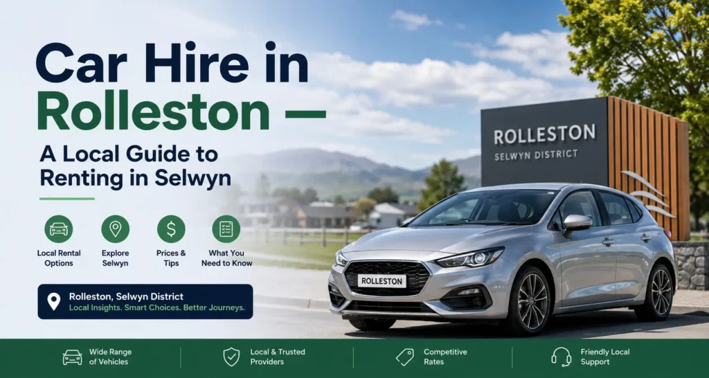 Car hire in Rolleston, Selwyn featuring a rental car and local guide banner for renting a vehicle in Rolleston, New Zealand.