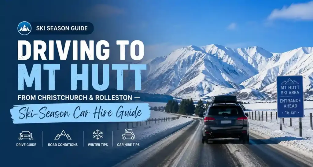 Snow-covered road leading to Mt Hutt Ski Area with an SUV, illustrating a Christchurch and Rolleston car hire guide for winter travel.