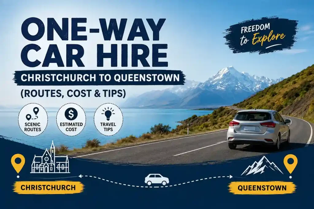 Scenic Christchurch to Queenstown one-way car rental infographic featuring a driving route, estimated costs, travel tips, and a rental car on a mountain highway.
