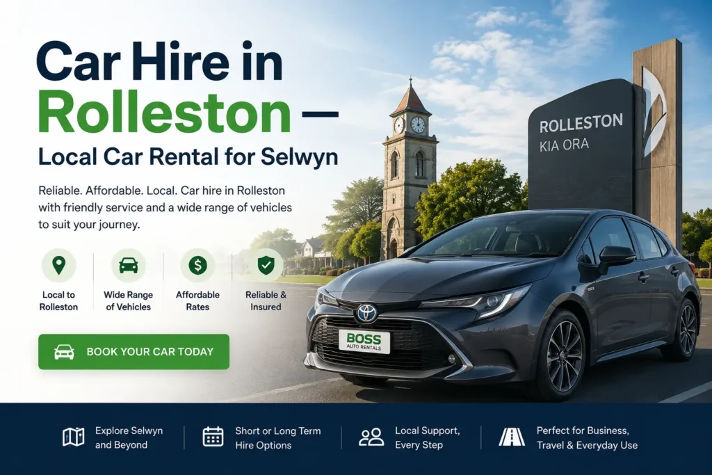 Car hire in Rolleston with local car rental service for Selwyn, featuring a rental car and Rolleston town centre