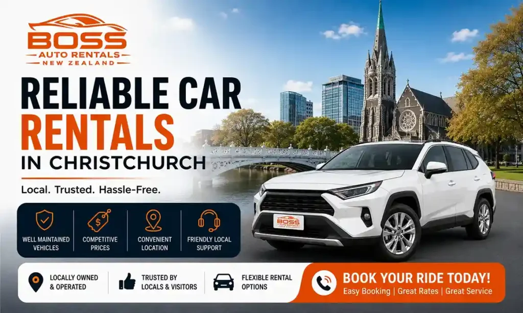 Boss Auto Rentals banner — reliable car rentals in Christchurch, white SUV with Christchurch location