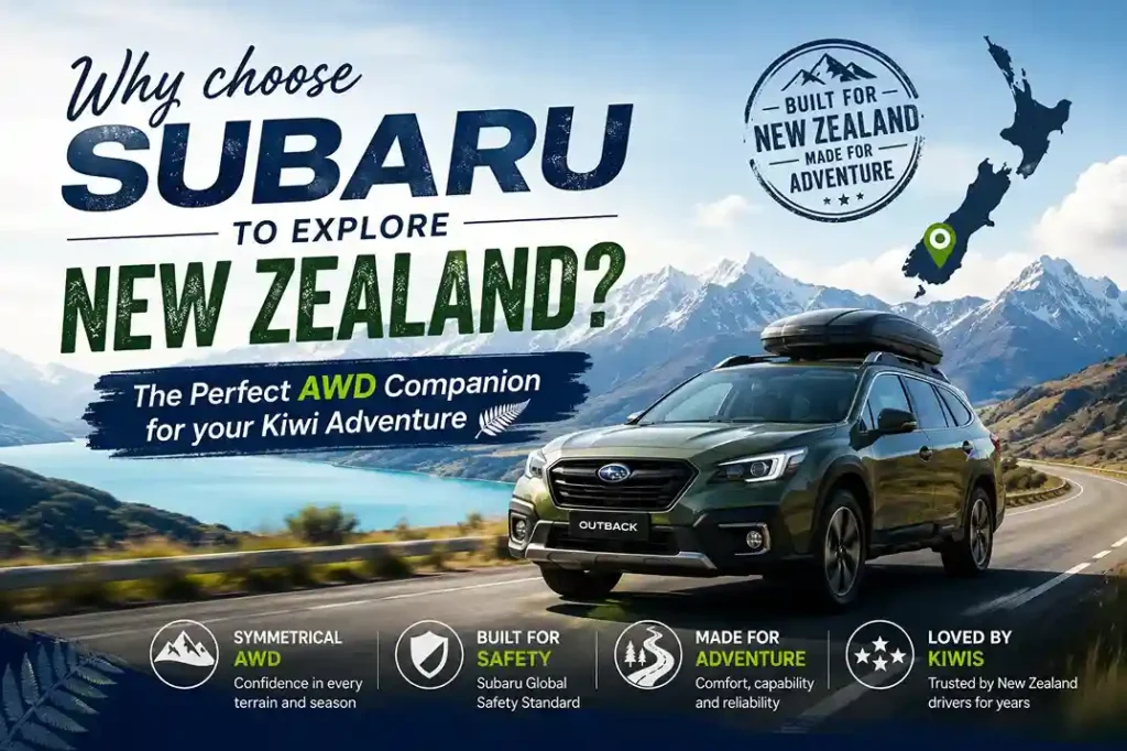 Subaru Outback driving through New Zealand's scenic mountain landscape, highlighting AWD capability for a Kiwi adventure.
