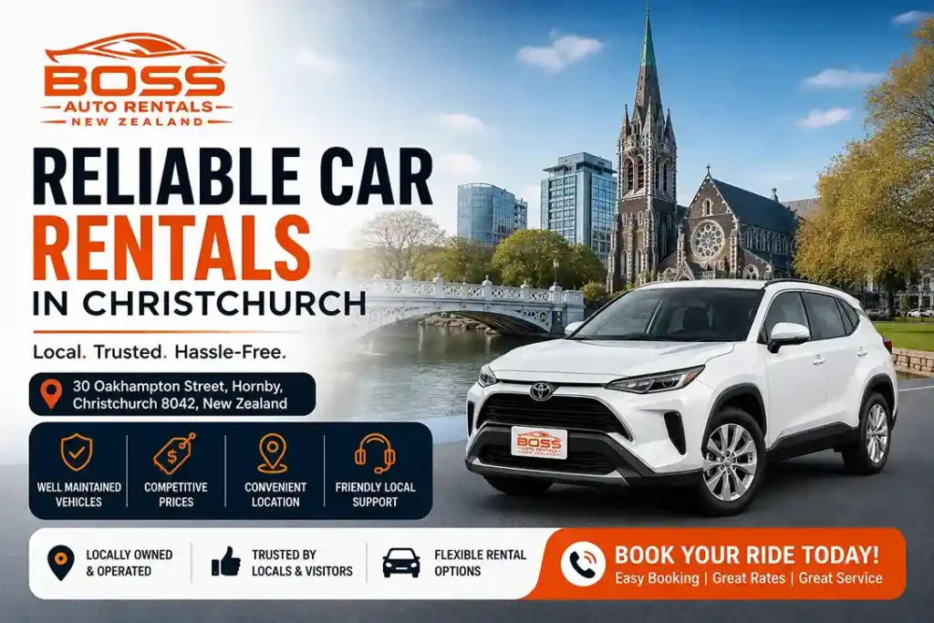 Boss Auto Rentals Christchurch banner featuring reliable car rental services, Christchurch city skyline, white SUV, and the Hornby branch at 30 Oakhampton Street, Christchurch, New Zealand.