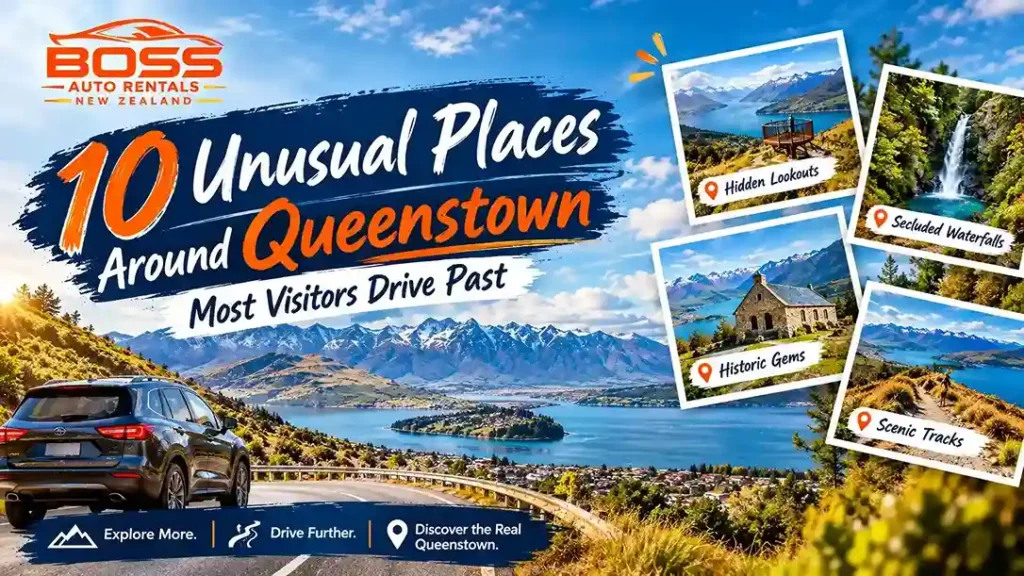 10 Unusual Places Around Queenstown title contains hero banner with car image with background of scenery