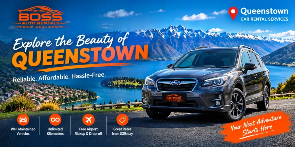 Car rental services in Queenstown — Boss Auto Rentals Subaru Forester above Lake Wakatipu with the Remarkables behind