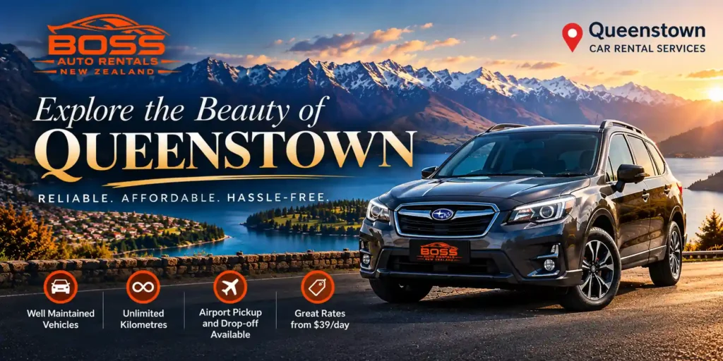 oss Auto Rentals Queenstown car rental with Subaru SUV, Queenstown lake and Southern Alps