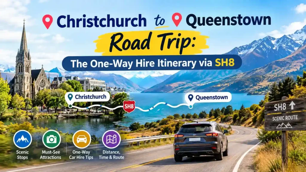 Christchurch to Queenstown road trip via SH8 with scenic New Zealand mountains, lake views, and one-way car hire route