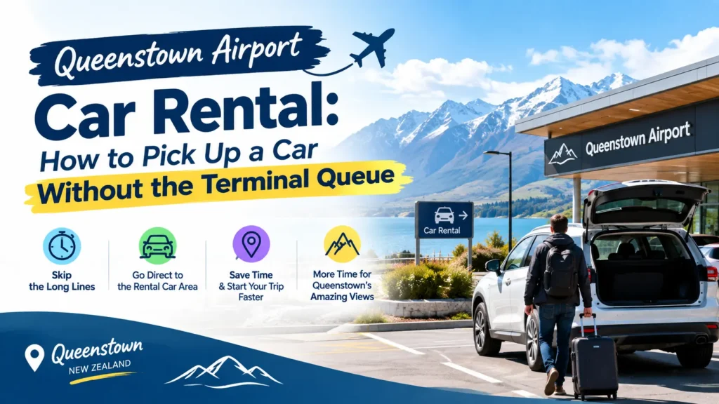 Queenstown Airport car rental guide showing how to pick up a rental car without waiting in the terminal queue