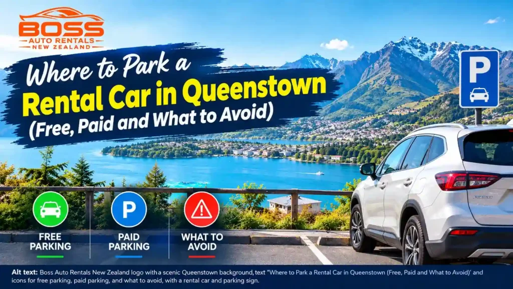 Boss Auto Rentals Queenstown car rental parking guide with scenic Queenstown mountains, rental car, parking sign, and free, paid and avoid parking options
