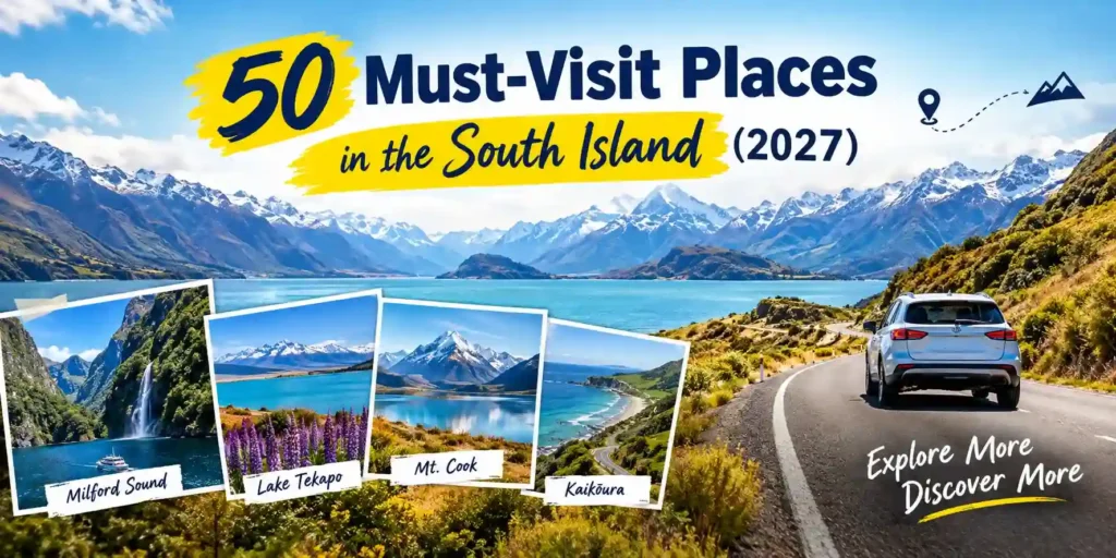 50 Must-Visit Places in the South Island, New Zealand (2027) featuring scenic mountains, turquoise lakes, Milford Sound, Lake Tekapo, Mount Cook, Kaikōura, and a scenic road trip.